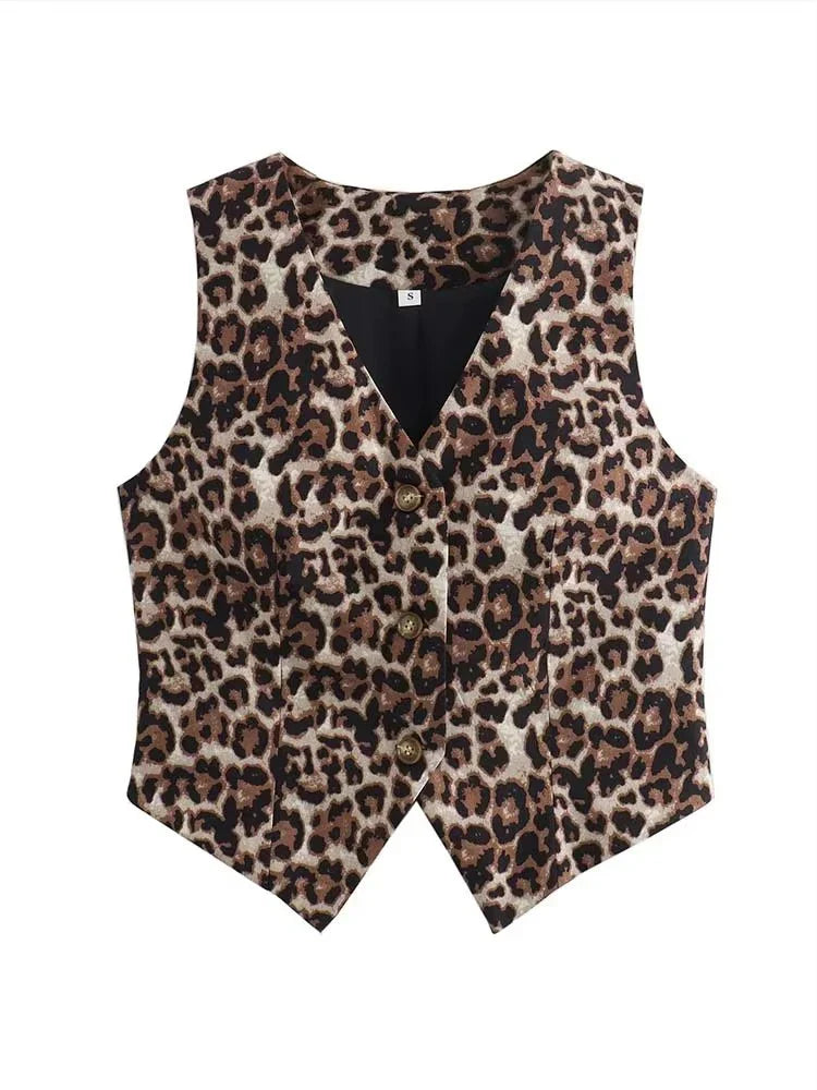 Women's Vest 2025 Fashion Leopard Summer V-Neck Single-breasted Vest Top Ladies Casual Cropped Sleeveless Coat New In Vests