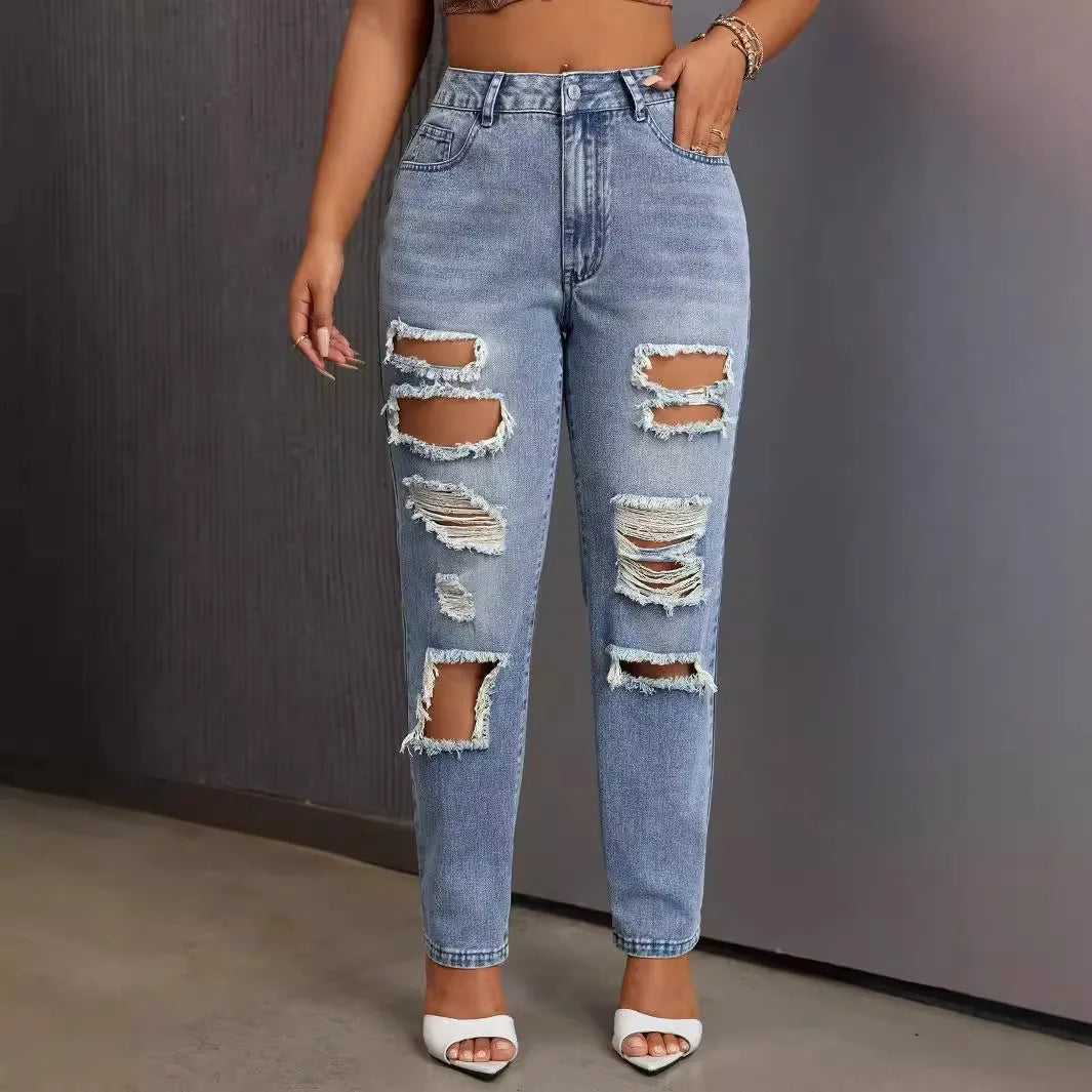 European American Fashion, Versatile Casual Washed Ripped Jeans, New Women's Spring and Summer Small Leg Pants. Nine-inch Jeans