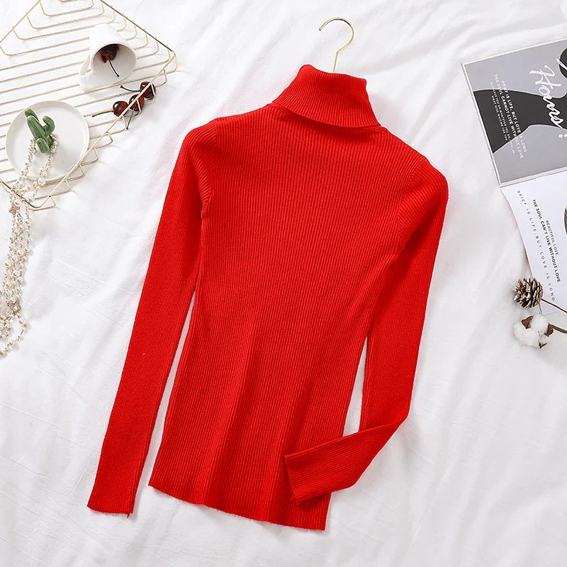 2026 Autumn Winter Women Long Sleeve Knitted Foldover Turtleneck Ribbed Pull Sweater Soft Warm Femme Jumper Pullover Clothes