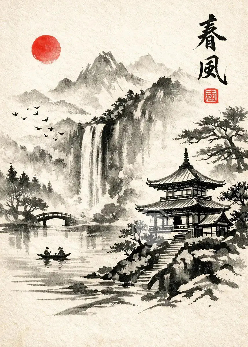 Japanese Ink Painting Landscape Spring Cherry Blossoms Canvas Print Asian Style Wall Art Poster for Living Room Home Decor Gift