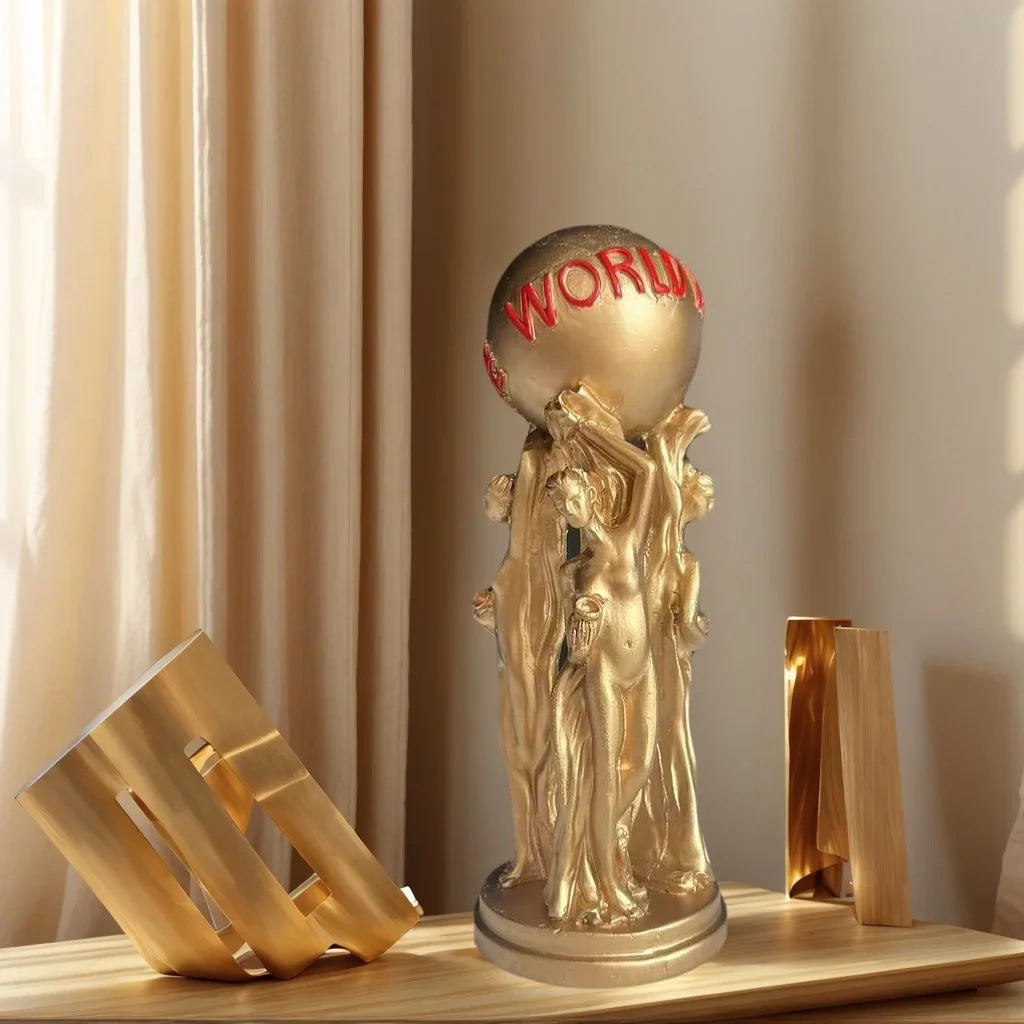 1 Piece of Light Luxury Three-Person Ball-Holding Art Ornament, Golden Texture, Ball Engraved with the World Is Yours, Inspirational Atmosphere Display Piece for Living Room Tabletop