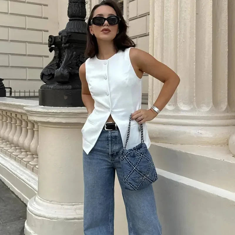 HXAO Woman Vest Outerwears Sleeveless Long Vests For Women Office Casual Women's Suit Vest Autumn Button Black White Vest
