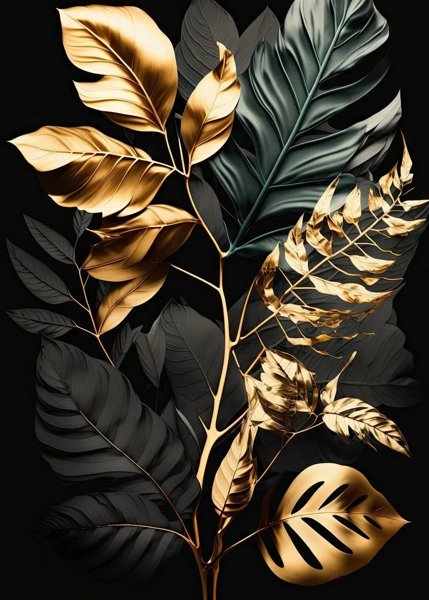Nordic Abstract Wall Art Plants Modern Luxury Black and Gold Leaves HD Canvas Print Poster Home Living Room Bedroom Decoration