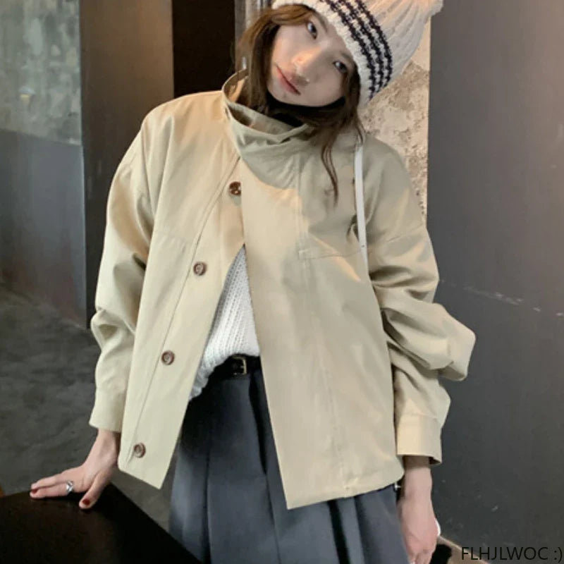 Korea Short Outerwear Woman Casual Loose Lazy Chic Long Sleeve Cotton Blends Windbreaker Coats Thin Thench