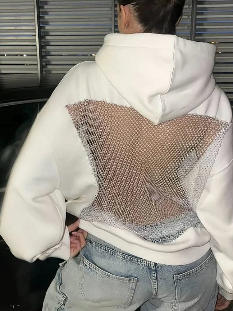 Sisterlinda Hooded Harajuku Sweatshirt Women Autumn Trend Backless ShinyThrea Mesh Patchwork Casual Street Hipster Pulloverr