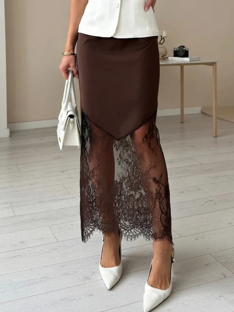 Trendix Women Patchwork Lace Skirts 2025 New High Waist Slim Hollow Out Maxi Skirts Autumn Brown Fashion Party Club Boho Skirt