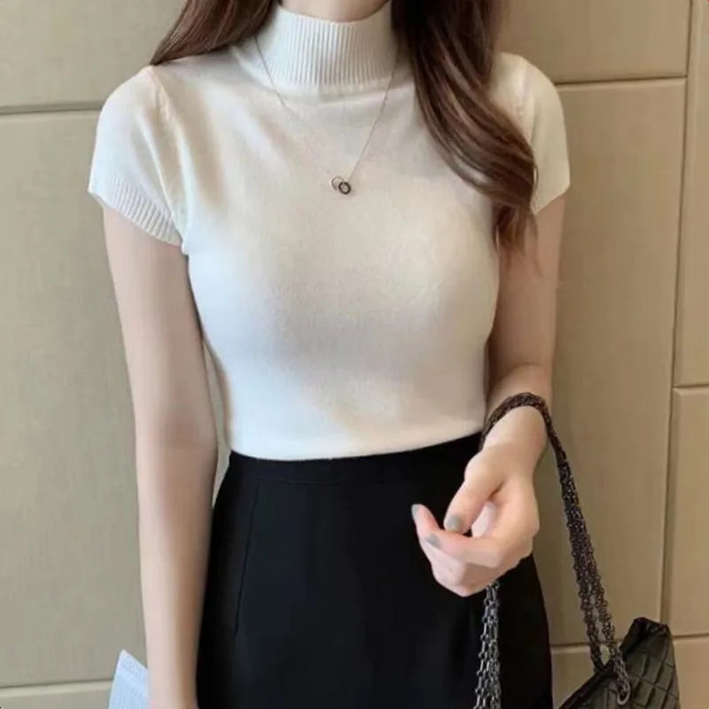 Turtleneck T-Shirt Women's Fashion Jumper Casual Tops Korean Style Elegant Solid-Coloured Clothing Spring And Summer Season