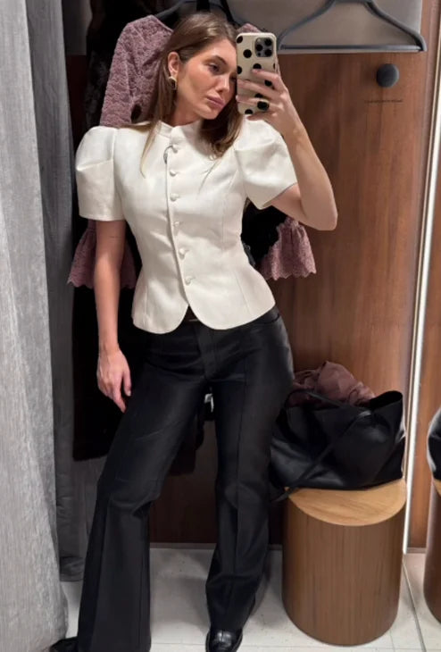 Women's Frog Button Puff Sleeve Shirt Trousers Set O-neck Leg-binding Lantern Pants Suits Lady 2026 Spring Summer Female Outfits