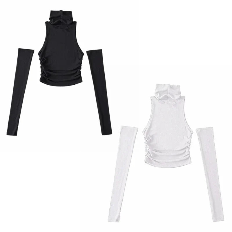 Woman Clothes Fall 2025 Tank Top Sleeve Cover Sleevless Side Pleats Turtleneck T-shirt  Sexy Ribbed Knitted Tops Y2k 2529