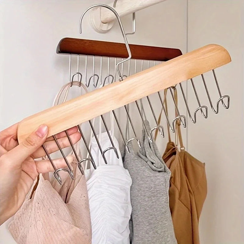 Wooden Sling Hanger Organizer with Multiple Hooks for Underwear Bras Vests Space-Saving Durable Storage Rack Hangers for Clothes