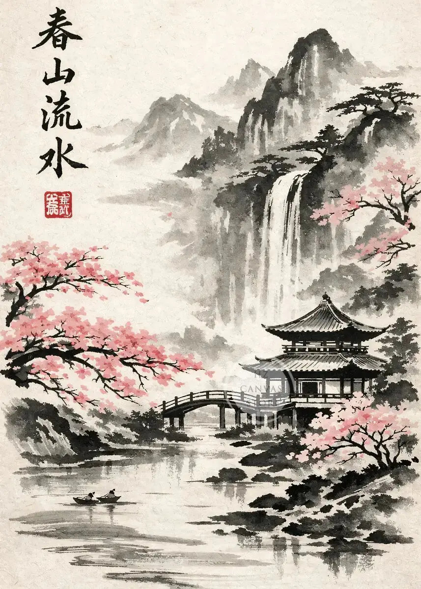 Japanese Ink Painting Landscape Spring Cherry Blossoms Canvas Print Asian Style Wall Art Poster for Living Room Home Decor Gift