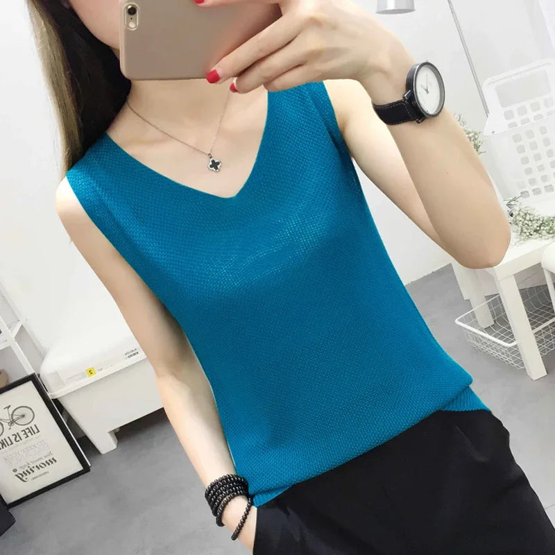 Fashion Woman Blouses 2024 V-neck Knitted Blouse Shirt Women Clothes Sleeveless Summer Blouse Women Womens Tops And Blouses C860