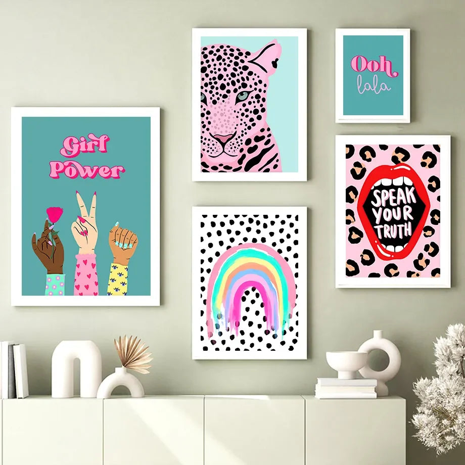 Wild Leopard Tiger Rainbow Girl Power Lips Vase Flower Wall Art Canvas Painting Nordic Poster Wall Picture For Living Room Decor