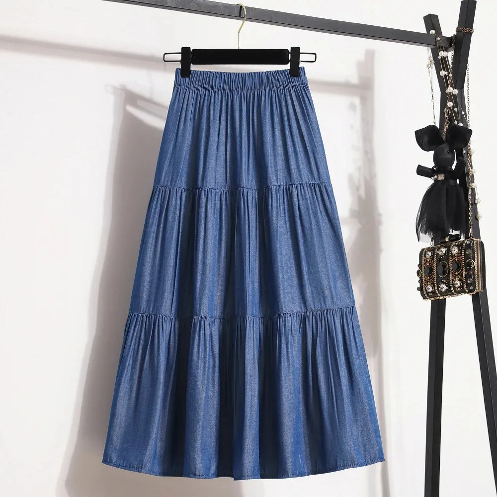Spring Summer Women Skirts Vintage High Waist Elastic Patchwork White Black Chic Long Cake A-line Skirt