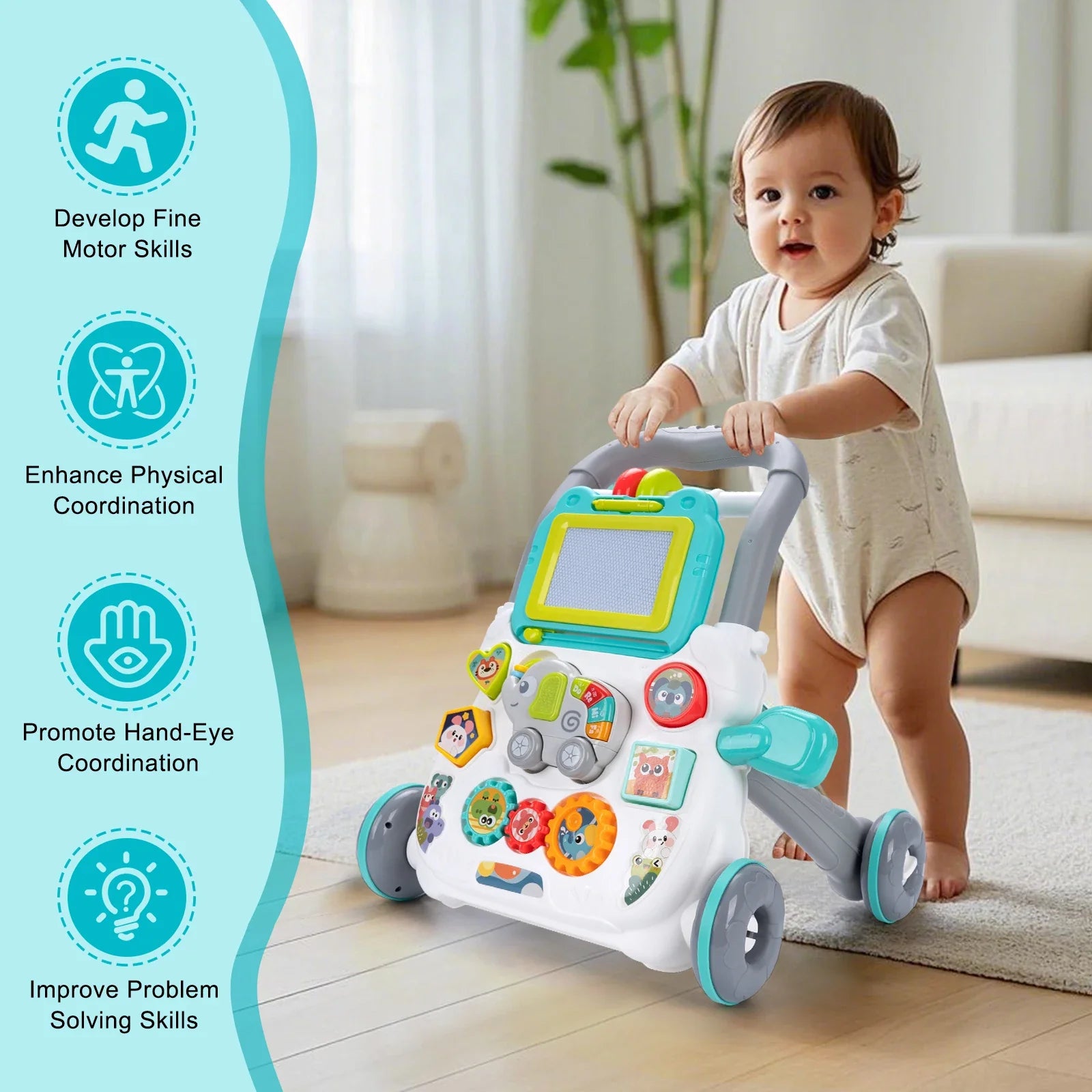 Cartoon Baby Push Walker Toy with Drawing Board Music Multifunction Activity Infant Learning Walk for 6-15 Months Toddler Walker
