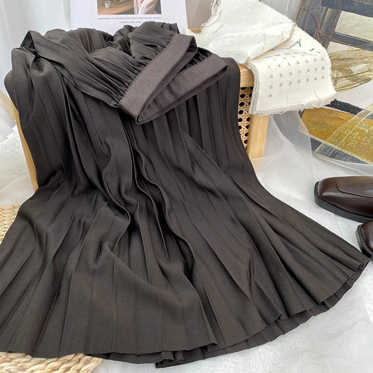 2026 Elegant High Waist Pleated Skirt for Women Mid-long Midi Skirt Female High Quality Black Saia