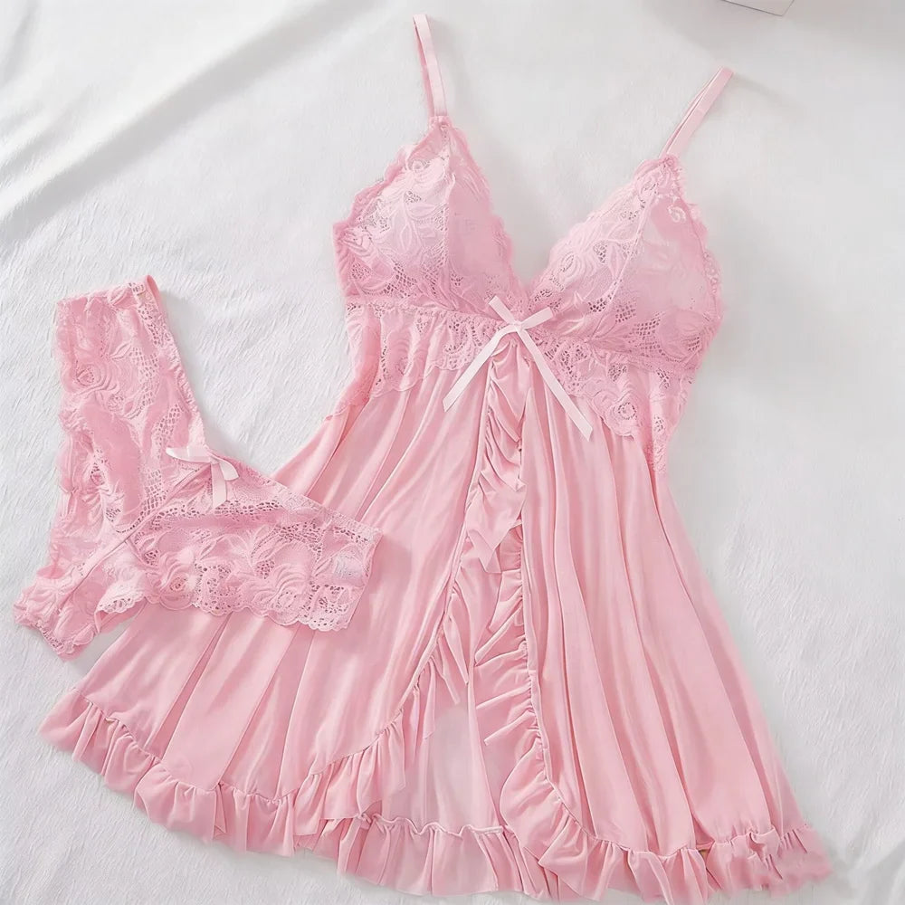 Sexy Lingerie Set Women Erotic Bra Nightdress Sexy Lace Sleepwear Solid Slim Soft Dresses V Neck Full Slip Sleepwear & Dresses