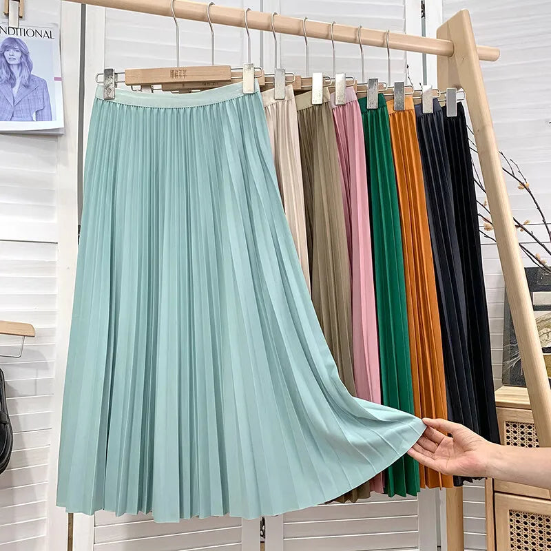 2026 Elegant High Waist Pleated Skirt for Women Mid-long Midi Skirt Female High Quality Black Saia