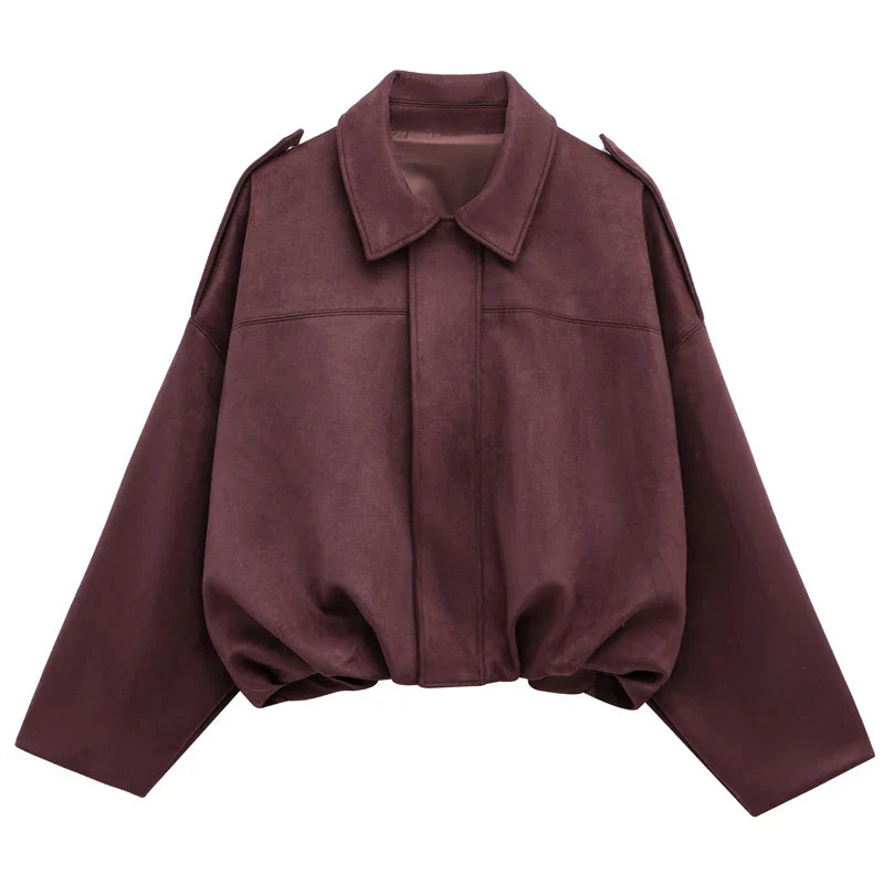 HXAO Women's Bomber Jacket Lapel Long Sleeve Zipper Suede Jacket Women 2025 High Street Cropped Racing Jackets Coats Outerwears