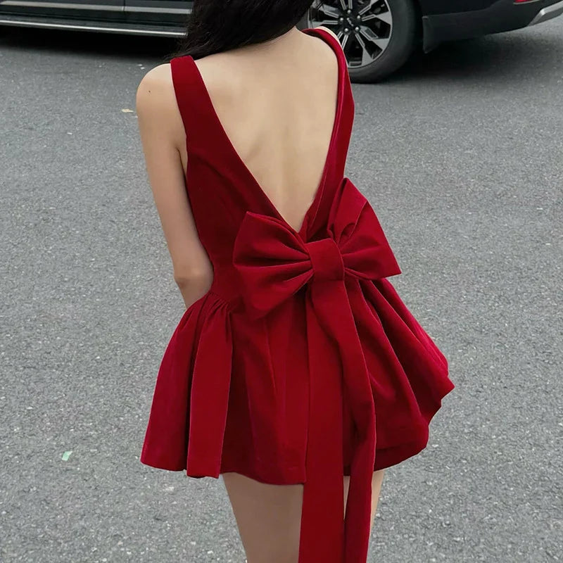 BKLD Fashion Red Bowknot Mini Dress Straps Square Collar Sleeveless Backless Vintage Cute Ladies Slim Party Short A-line Dresses