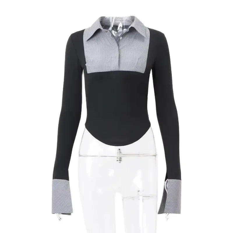2025 Autumn Striped Polo Collar Contrast Crop Top Slim Fit Bodycon Knit Tops - Spicy Girl Outfits for Club/Streetwear/Daily Wear