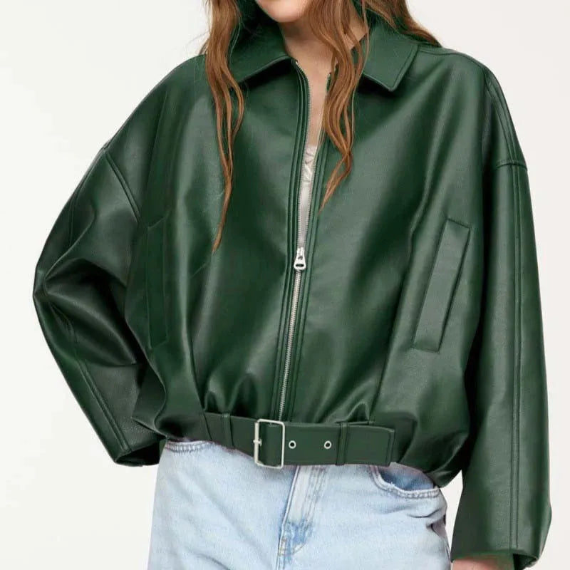 Vintage PU Leather Bomber Jackets 2025 Autumn New Ladies Zipper Lapel Long Sleeve Pocket Coat With Belt Women's Loose Streetwear