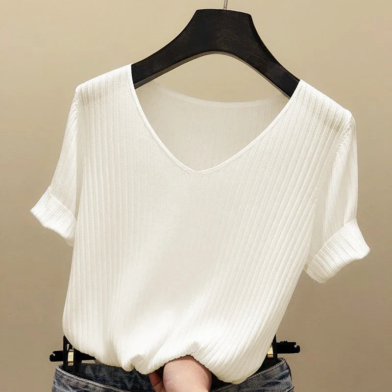 AOSSVIAO 2026 Basic V-neck Solid Thin Summer Women Pullover Female Thin Knitted Ribbed Sweater Slim Short Sleeve Bodycon Sweater