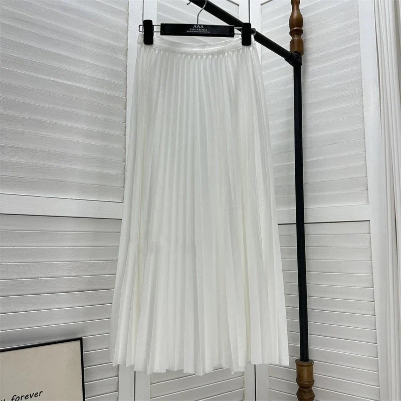 2026 Elegant High Waist Pleated Skirt for Women Mid-long Midi Skirt Female High Quality Black Saia