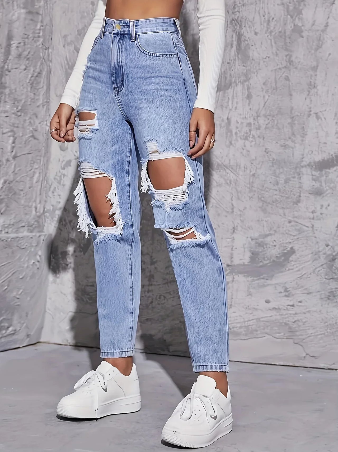 CPSYMYM American Retro Hole-punched Jeans Women High Waist Straight-crotch Loose Slim Design High-street Vibe Wide-legged Draggi