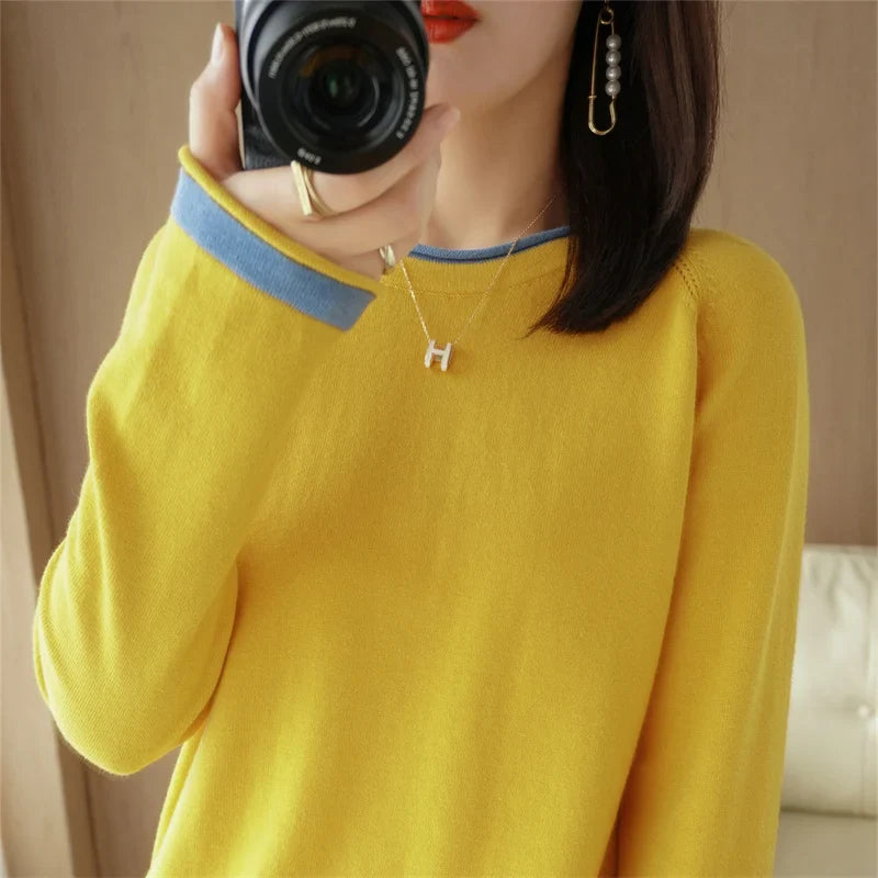 100% Cotton Knitwear Women's Round Neck Sweater Spring And Summer New Loose Color Matching Cotton And Linen Bottoming Shirt