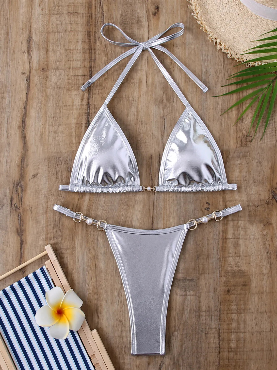 Shiny Pink Micro Bikini 2026 Mujer Women Sexy PU Pearls Push Up Thong Swimsuit Summer Bathing Suit Bandage Holiday Swimwear
