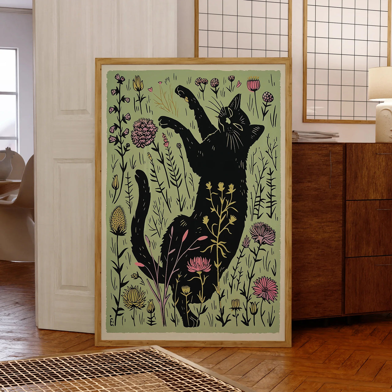 Modern Cute Black Cat With Flowers Lllustration Wall Art Prints Canvas Painting Poster Picture For Living Room Home Decor