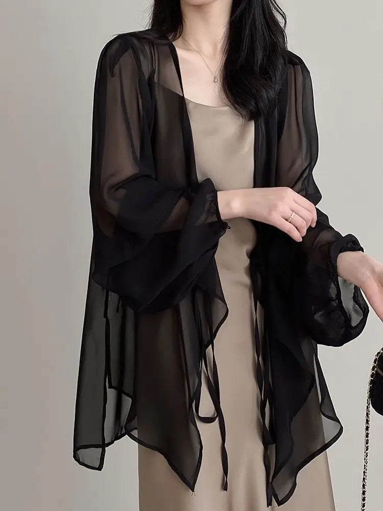 Shirts Women V-neck Loose Long Sleeve Open Stitch Korean Style Lace-up Simple Solid Summer Chiffon Breathable Minimalist Stylish
