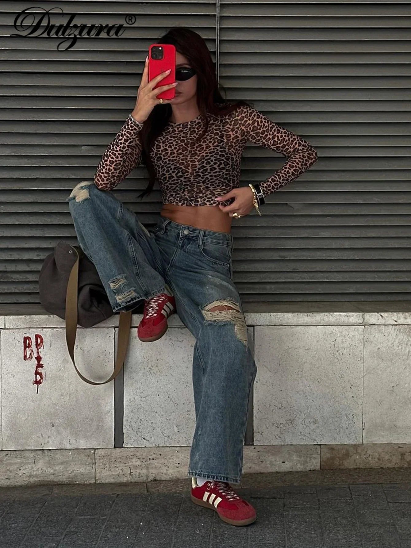 Dulzura Sexy Long Sleeves Tops Mesh T Shirt Leopard Printed Bodycon Women Clothes Lady Party Club Streetwear Casual Nightout Y2K