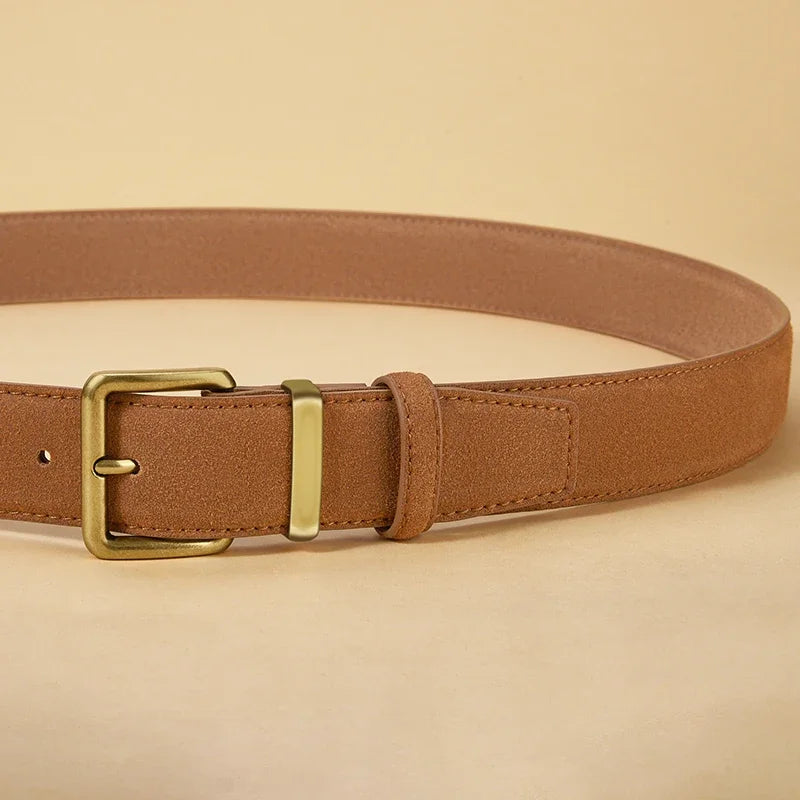 Luxury Suede Cowhide Leather Belt for Women, Vintage Style with Gold Buckle, 3.5cm Wide Waistband for Dresses & Jeans 2042