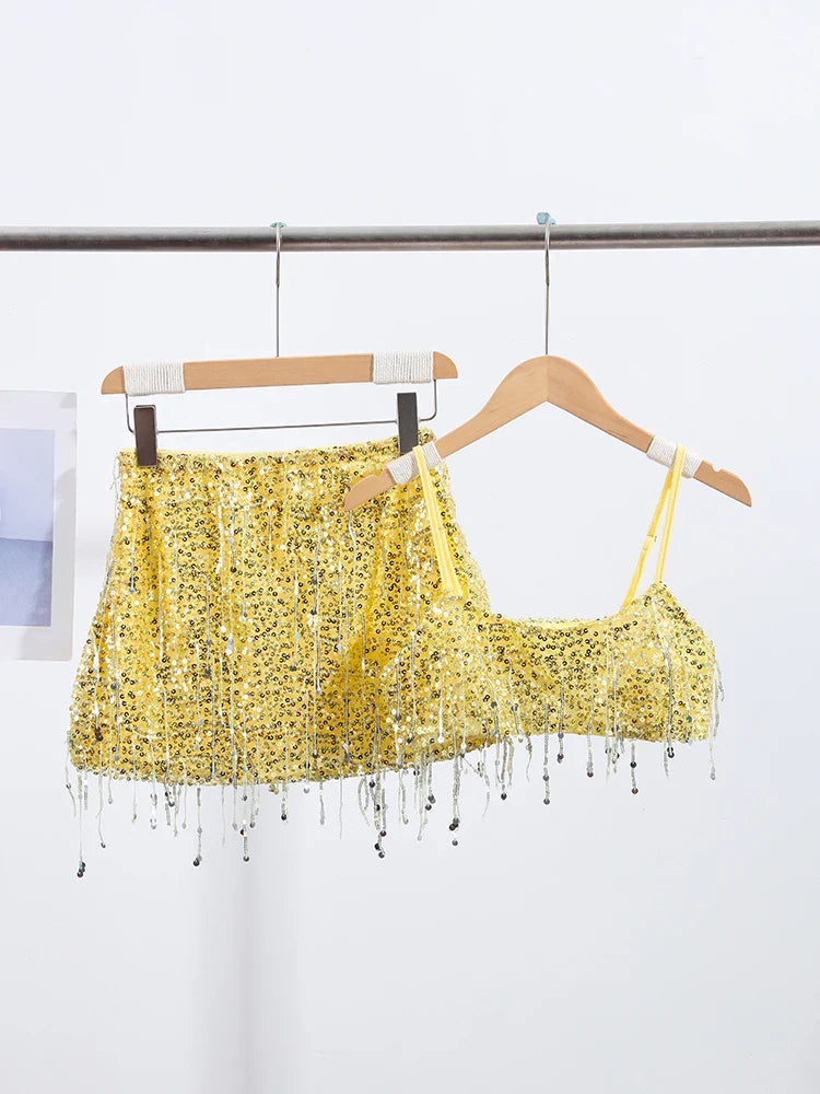 Sexy Tassel Chains Women's Set Elegant Solid Sequins Hip Package Female Party Mini Skirts Summer Holiday Lady Outfit Beachwear