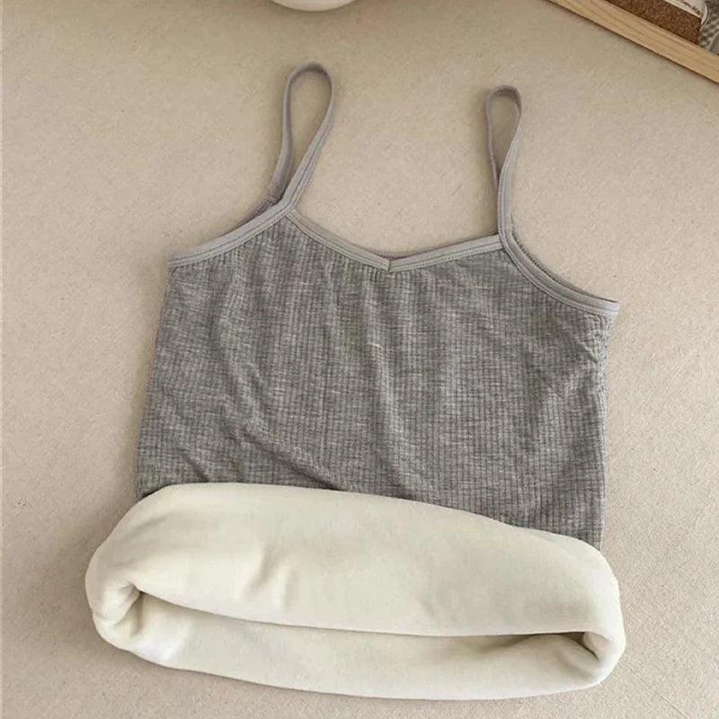 Women Sexy Solid Color Tops Thermal Casual Comfortable Elasticity Crop top Black Thin Velvet Sleeveless  Underwear Tank Top