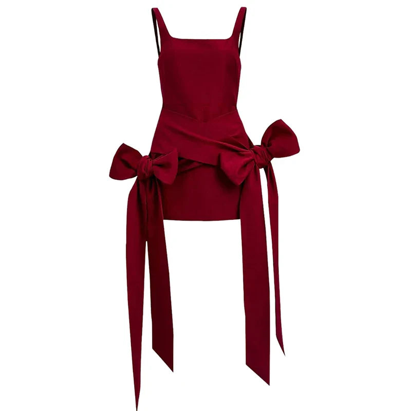 BKLD Fashion Red Bowknot Mini Dress Straps Square Collar Sleeveless Backless Vintage Cute Ladies Slim Party Short A-line Dresses