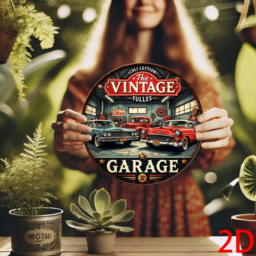 2D Flat Vintage Aluminum Round Wall Plaque - Retro Garage Metal Sign with Classic Cars & Tools Design, Americana Decor for Bars
