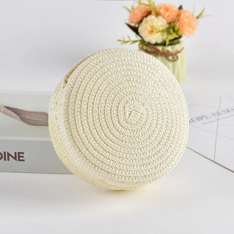 Summer Round Straw Bag For Women Woven Handmade Shoulder Bag New Travel Rattan Beach Bag Casual Style Crossbody Bag Handbag Purs