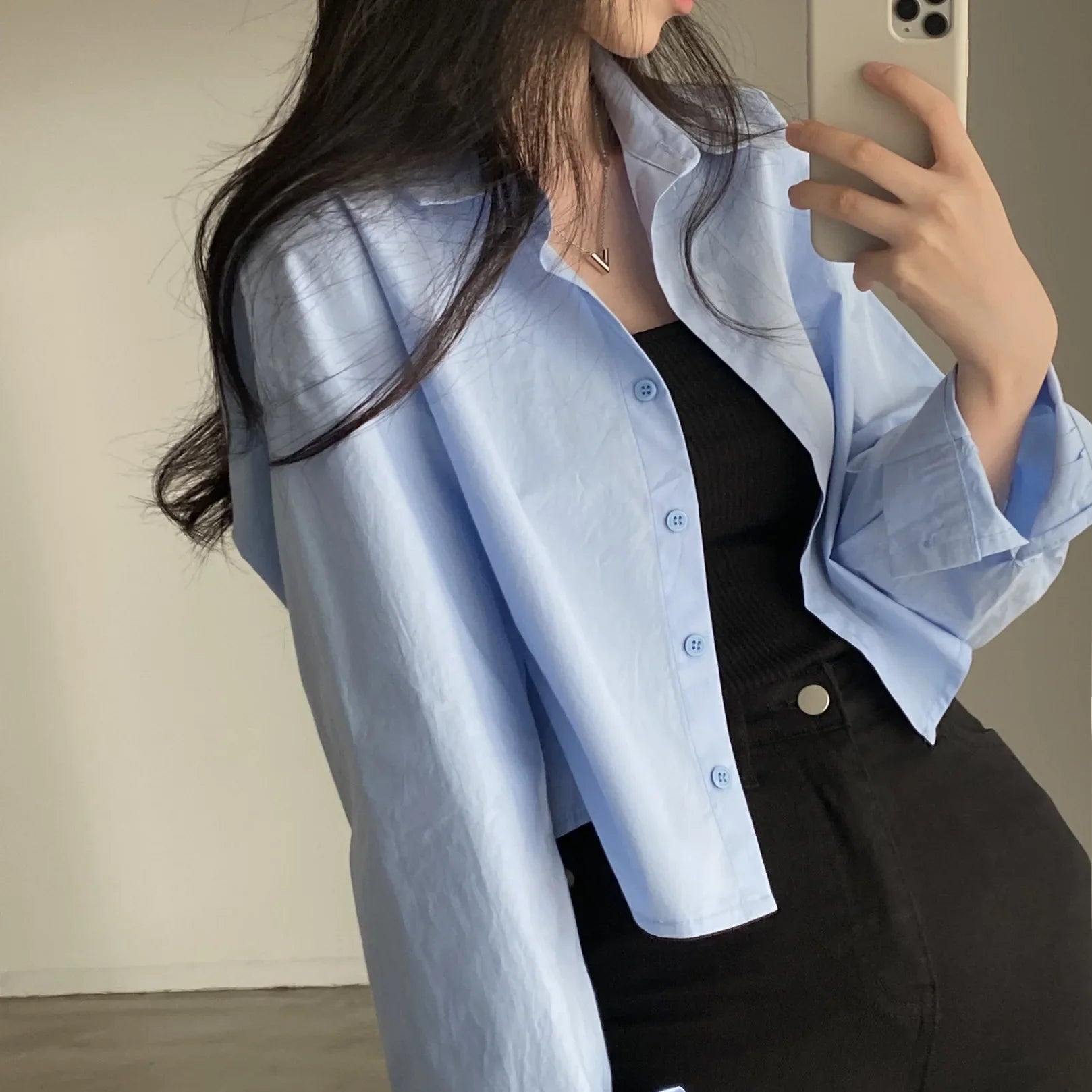 Spring New Casual Long Sleeve Women White Shirt Korea Style Solid Button Split Woman Crop Tops Blouse Party Clothing