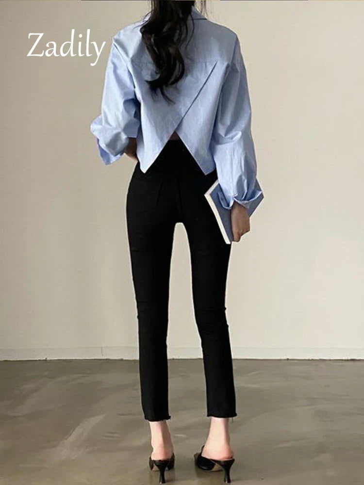Zadily 2023 Spring New Casual Long Sleeve Women White Shirt Korea Style Solid Button Split Woman Crop Tops Blouse Party Clothing