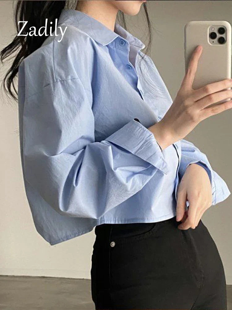 Zadily 2023 Spring New Casual Long Sleeve Women White Shirt Korea Style Solid Button Split Woman Crop Tops Blouse Party Clothing