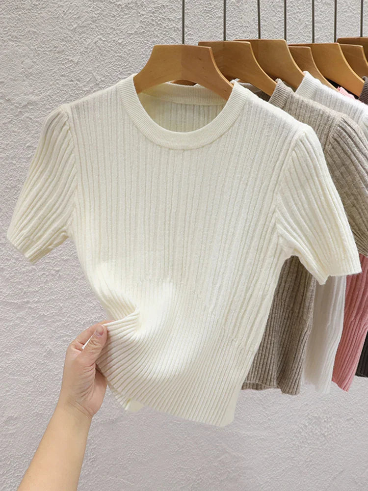 2026 Summer T shirts for Women Casual Female Korean Knit Streetwear Tees Basic Solid Young Cool Tops
