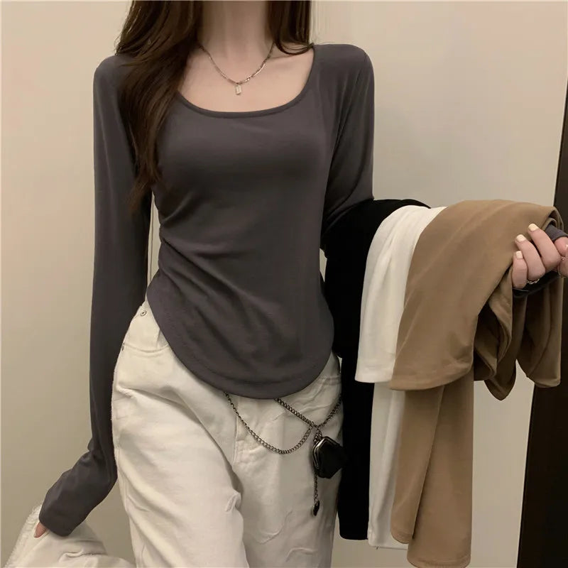 Women's temperament elegant bottoming thin section long-sleeved T-shirt irregular Slim short tops bottoming shirt