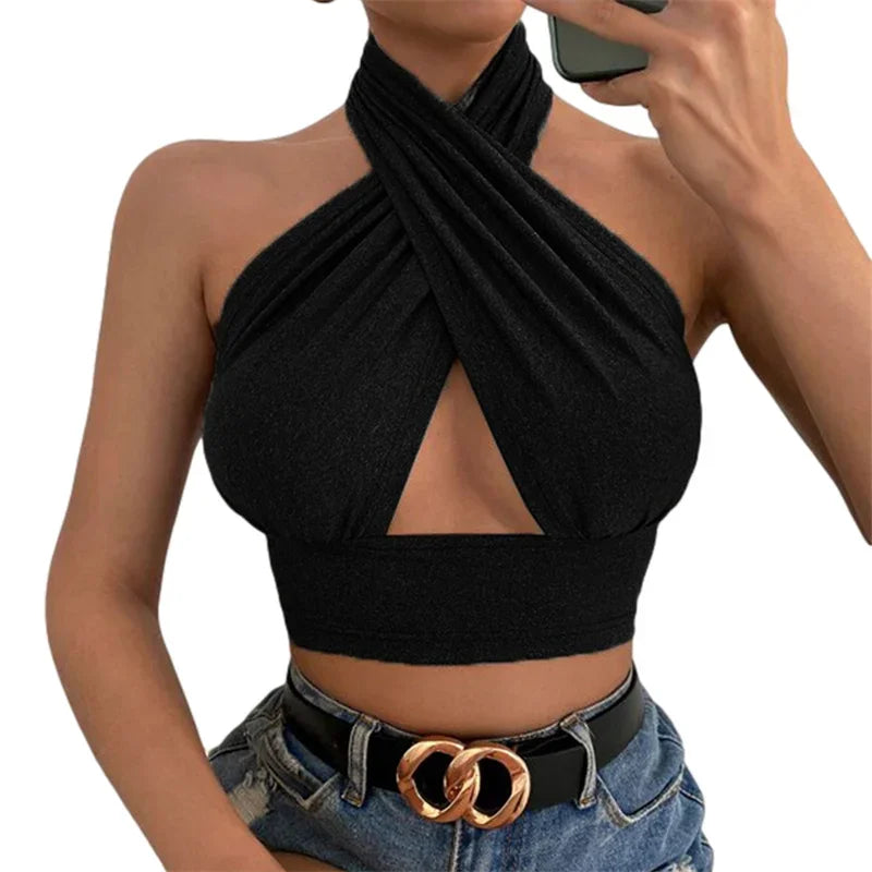 y2k Halter Top Women Summer Clothes Solid Color Sleeveless Backless Vest T Shirt 2000s Aesthetic Clothing Streetwear