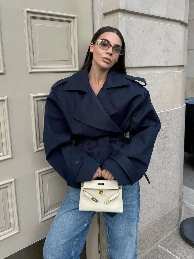 Solid Lapel Lace Up Trench Coat Women Fashion Full Sleeve Waist Cinching Short Windbreak New Autumn Office Commute Outwear 2026