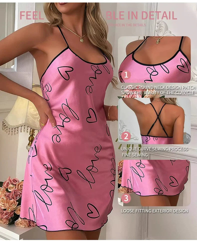 Heart Letter Print Nightdress Casual Round Neck Spaghetti Strap Sleep Dress Women's Sleepwear Dresses