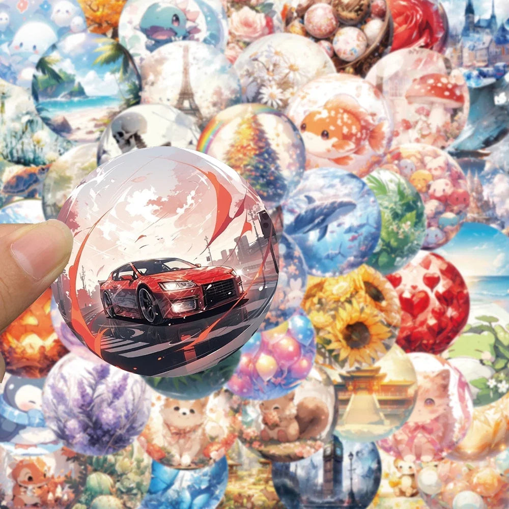 10/30/50pcs Kawaii World In Glass Bead Aesthetic Stickers Cute Ins Cartoon Animal Plant Decals DIY Laptop Car Decoration Sticker