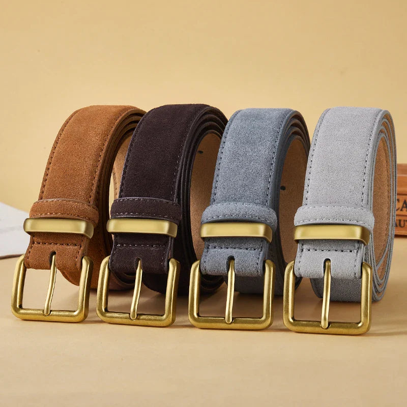 Luxury Suede Cowhide Leather Belt for Women, Vintage Style with Gold Buckle, 3.5cm Wide Waistband for Dresses & Jeans 2042